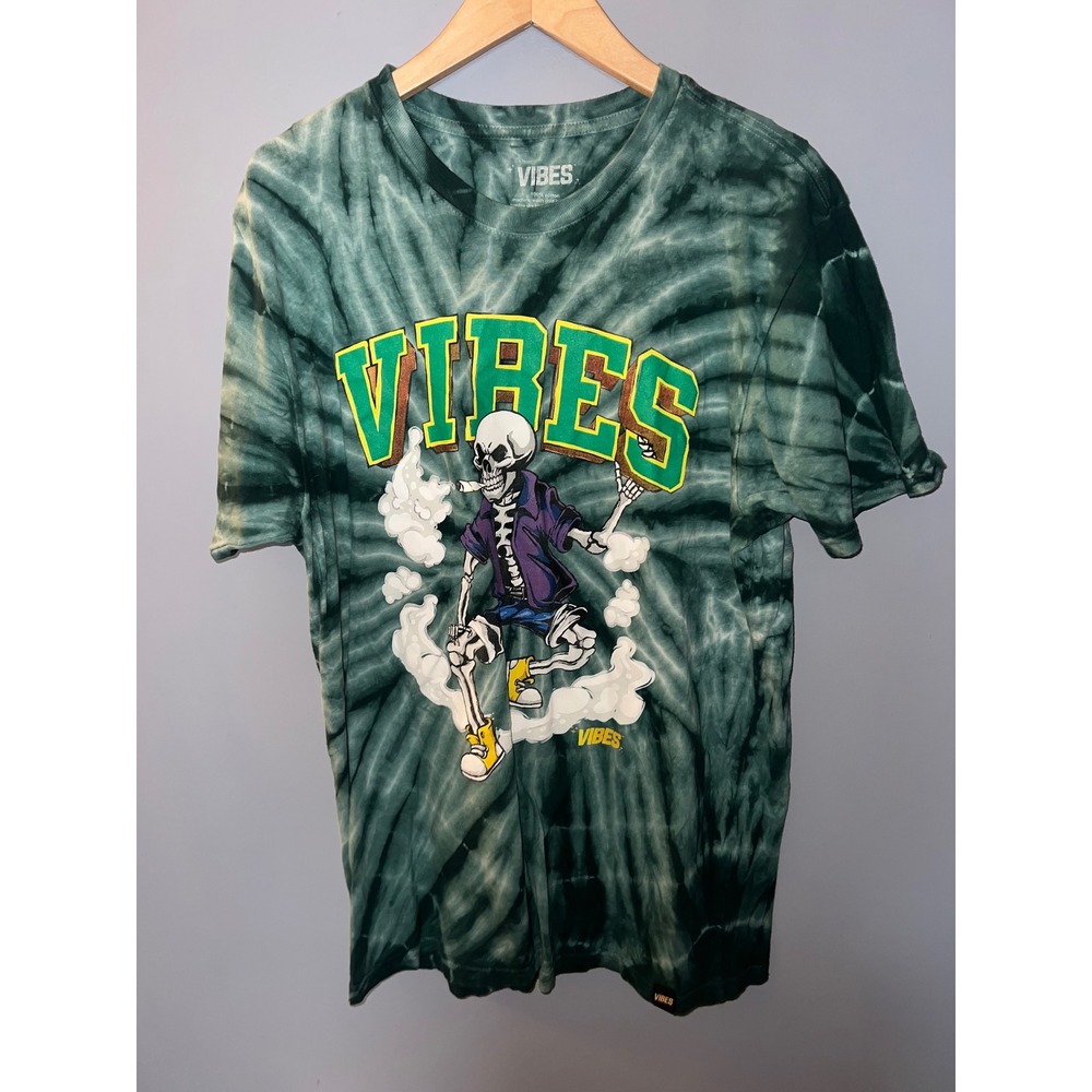 Vibes Papers Mens Skeleton Smoking Tie Dye Graphic T-Shirt Green Large‎